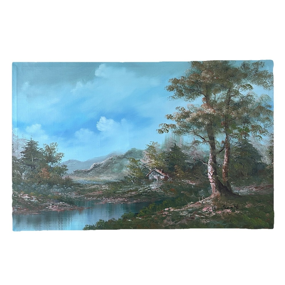 Vintage Oil Painting 22x34 Inch Canvas Landscape Creekside Cabin Signed Unframed